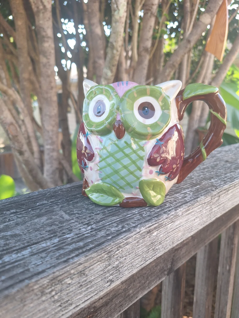Pier 1 Hand-Painted Owl Mug — Green and Purple